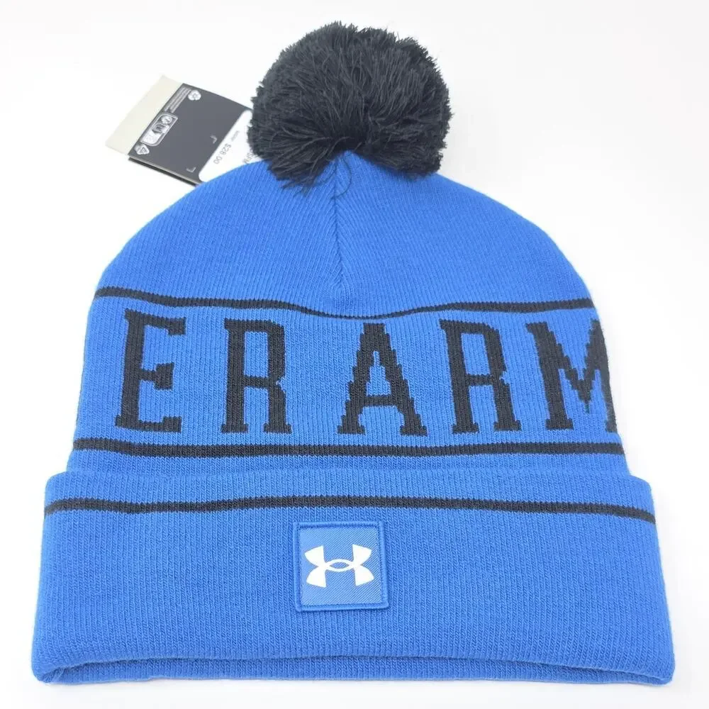 Under Armour Pom Beanie Hat Blue Black NWT ColdGear Winter Knit Cuffed